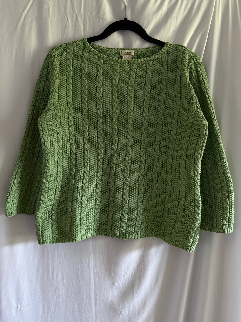 L.L. Bean Green Cable Knit 100% Cotton Quarter Sleeve Sweater